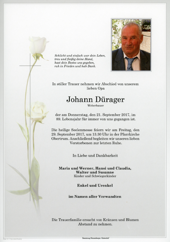 Dürager Johann Bestattung Hemetsberger Särge Urnen Beratung im